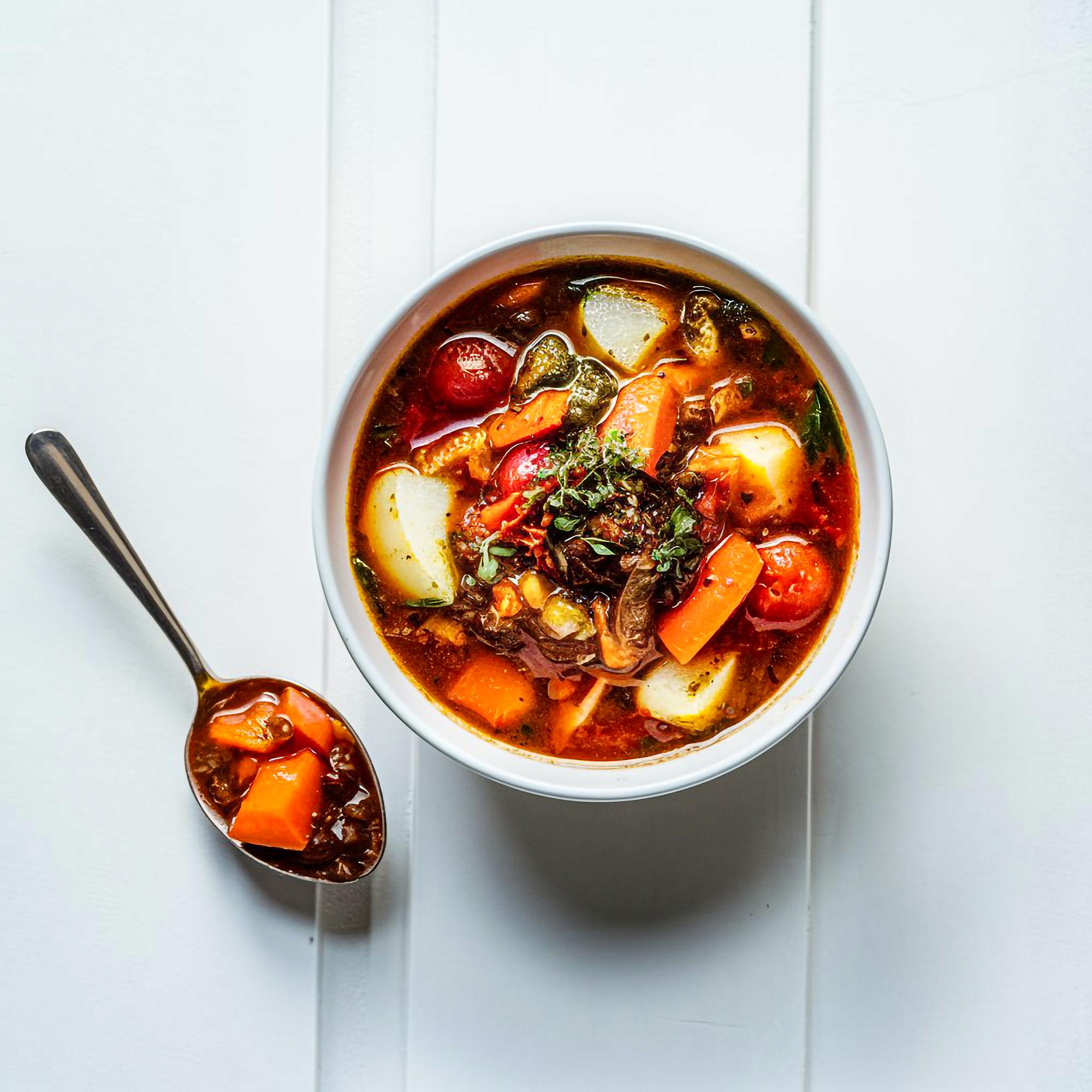 closeup of spiced stew in ceramic bowl